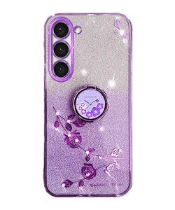 Ring Stand Glitter Purple Flower Case - For Samsung Galaxy S24 Plus